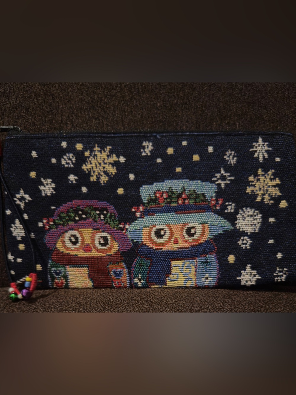 LIKE NEW Owl Wristlet Pouch in Navy with Winter Motif. 9”W x 4.5”H. - Picture 1 of 3